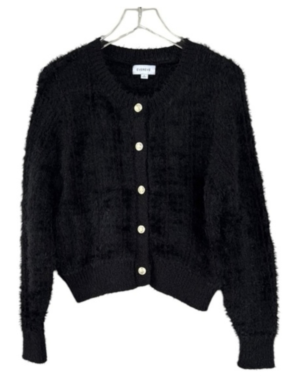 Evereve Black Fuzzy Pearl-Button Cropped Cardigan